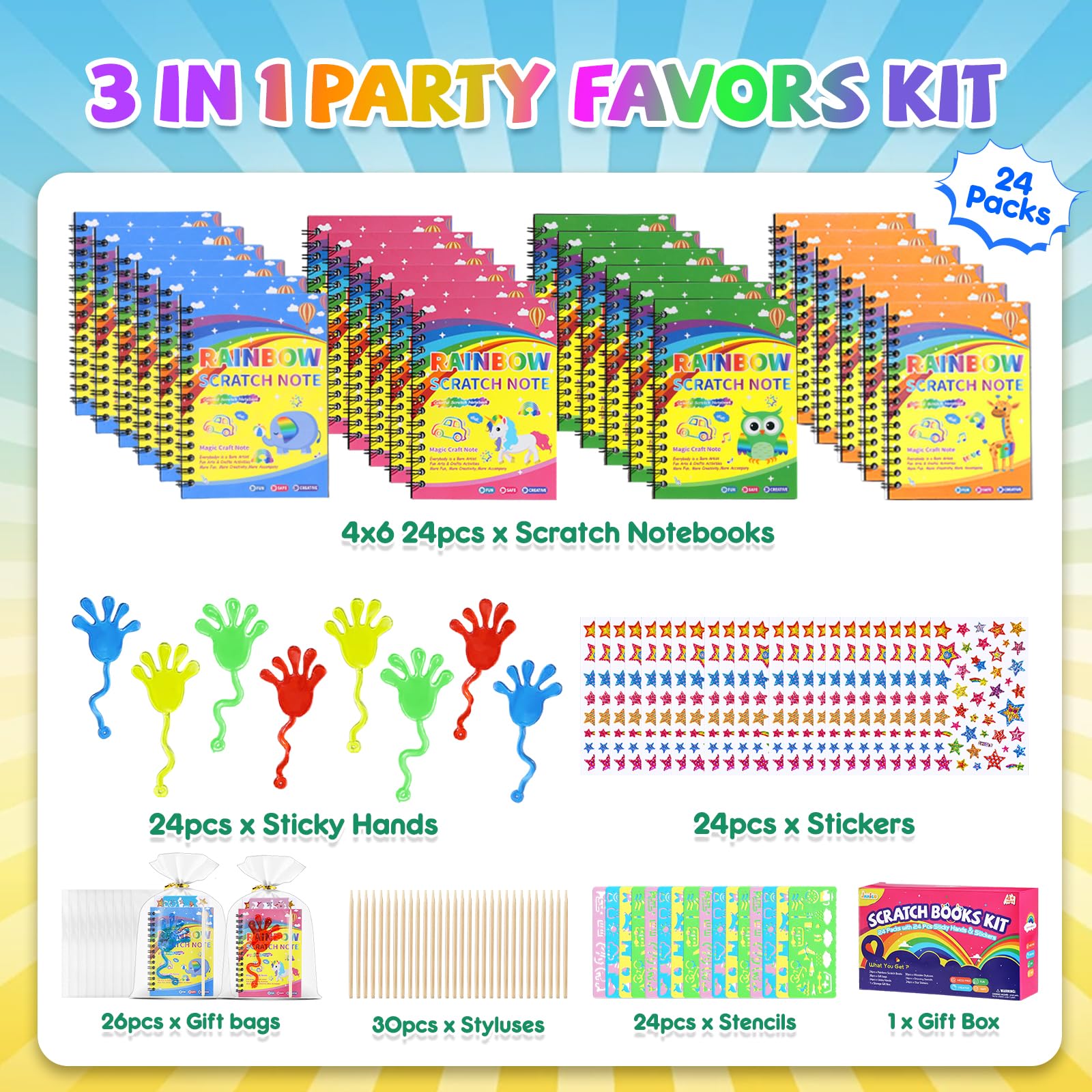 JMMICO 24x3 Pack Scratch Art Notebook + Sticky Hands + Stickers – Party Favors & Classroom Prizes
