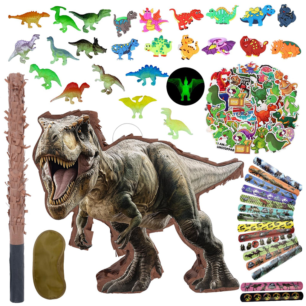 JOARHONAL 142 Pcs Dinosaur Pinata Party Set | Small Jungle Dino Pinata with Blindfold & Bat