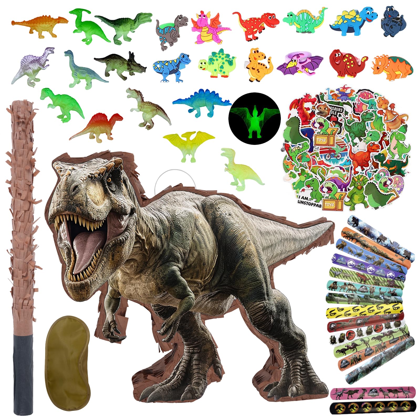 JOARHONAL 142 Pcs Dinosaur Pinata Party Set | Small Jungle Dino Pinata with Blindfold & Bat
