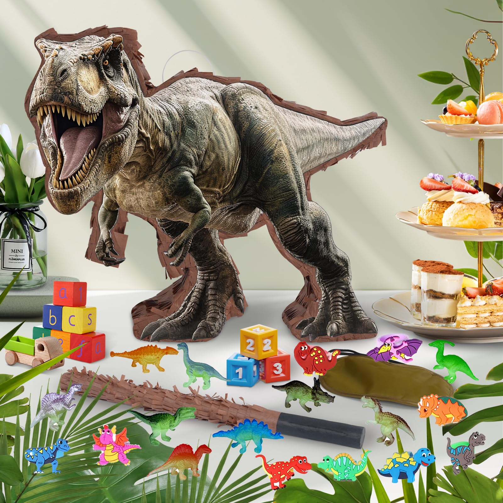 JOARHONAL 142 Pcs Dinosaur Pinata Party Set | Small Jungle Dino Pinata with Blindfold & Bat