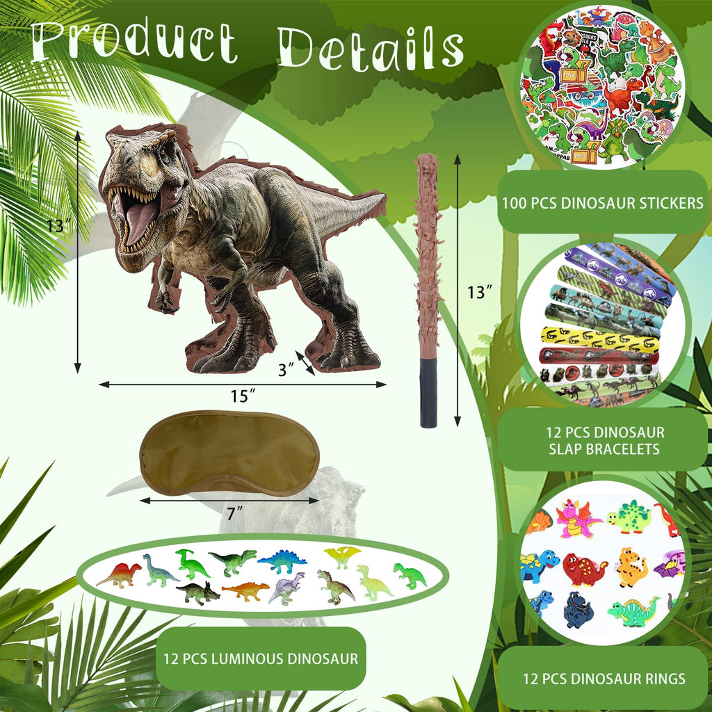 JOARHONAL 142 Pcs Dinosaur Pinata Party Set | Small Jungle Dino Pinata with Blindfold & Bat