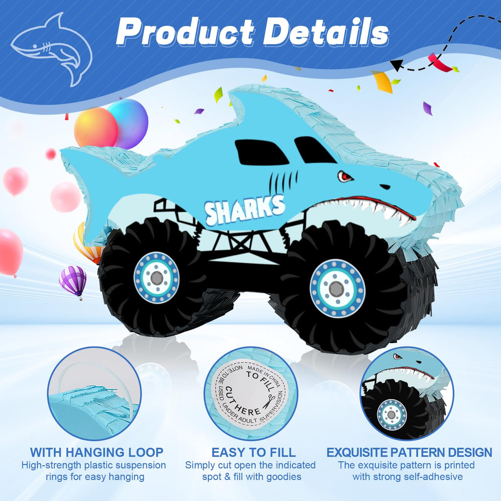 JOARHONAL Shark Monster Truck Pinata – Small Size with Blindfold & Bat