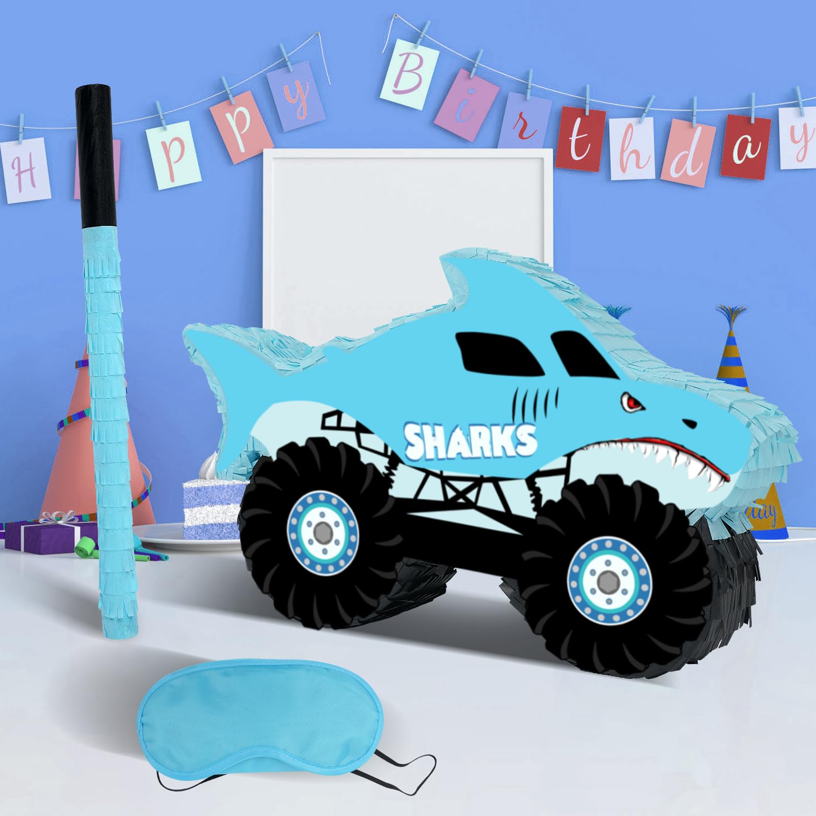 JOARHONAL Shark Monster Truck Pinata – Small Size with Blindfold & Bat