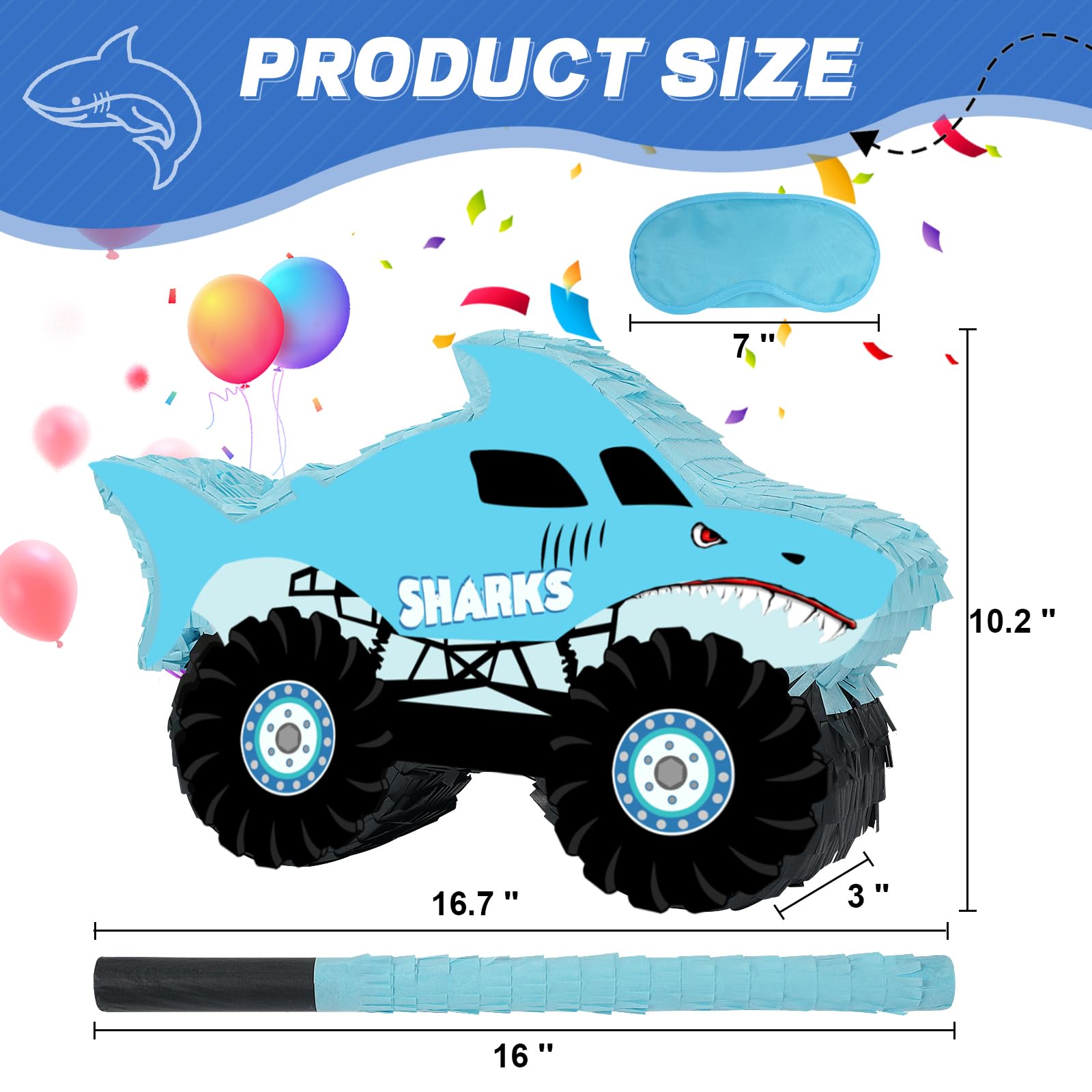 JOARHONAL Shark Monster Truck Pinata – Small Size with Blindfold & Bat