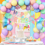 Jobkoo Pastel Birthday Decorations Kit – Macaron Rainbow Balloons, Fringe Curtain Backdrop & Banner