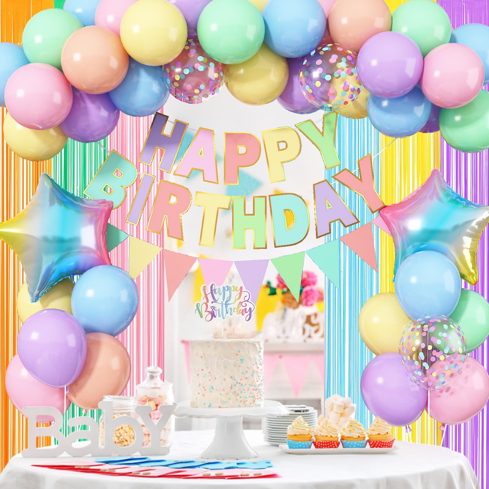 Jobkoo Pastel Birthday Decorations Kit – Macaron Rainbow Balloons, Fringe Curtain Backdrop & Banner
