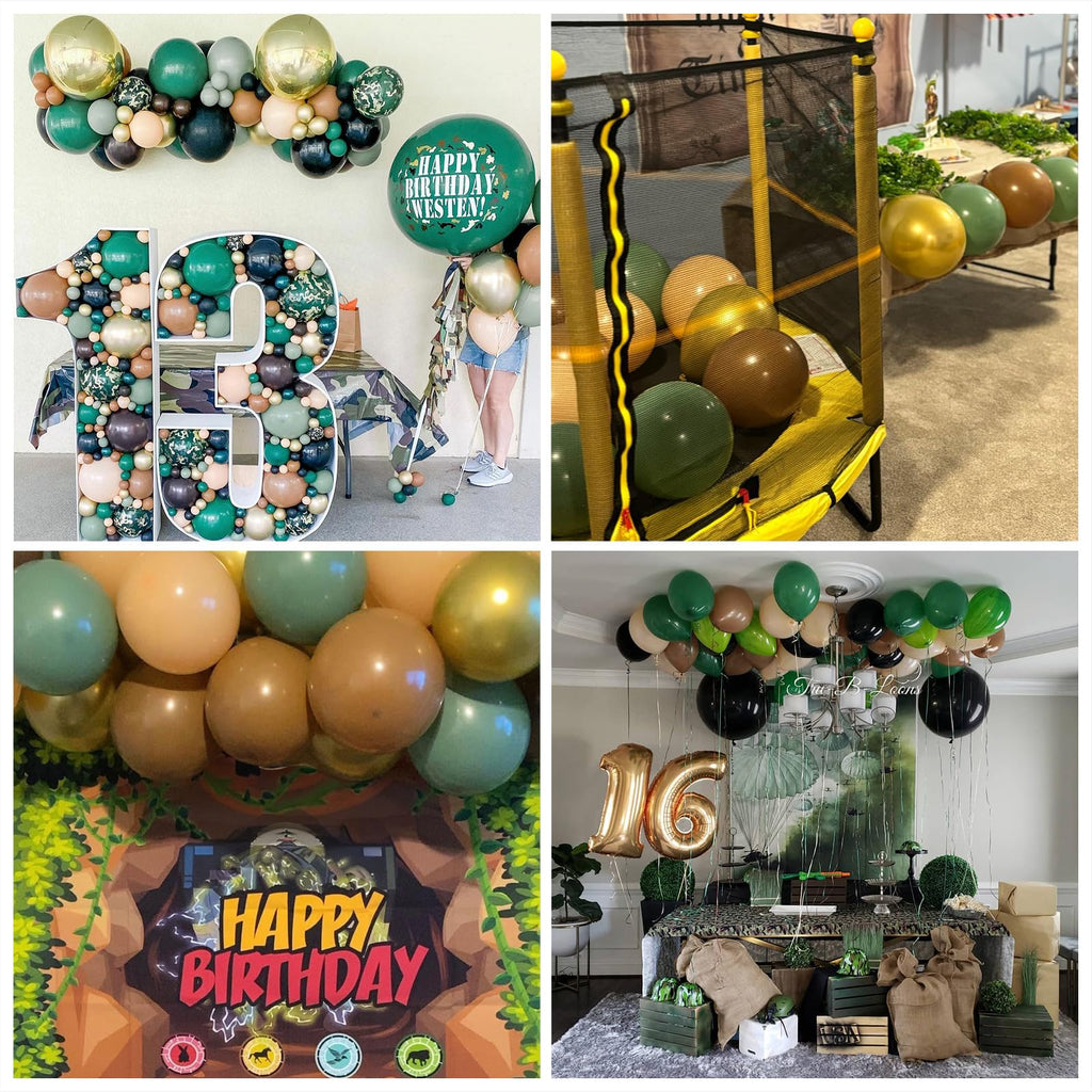 Jobkoo 60 Pcs Woodland Camo Latex Balloons – Sage Green, Gold & Brown