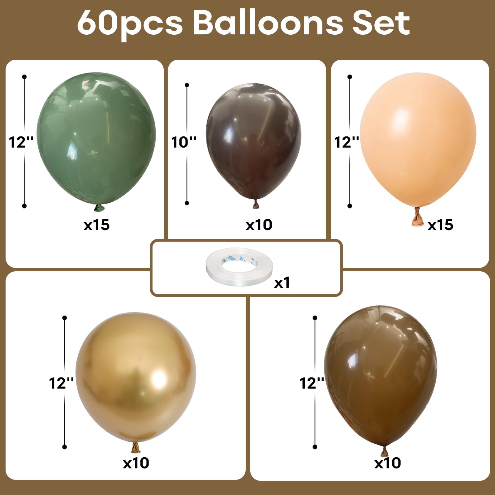 Jobkoo 60 Pcs Woodland Camo Latex Balloons – Sage Green, Gold & Brown