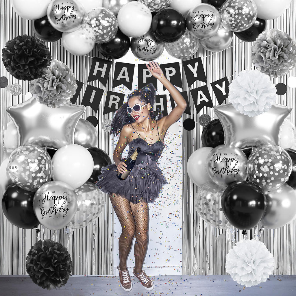 Jobkoo Black & Silver Birthday Decorations Set – Banner, Fringe Curtain, Balloons