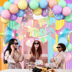 Jobkoo Pastel Birthday Decorations Kit – Macaron Rainbow Balloons, Fringe Curtain Backdrop & Banner