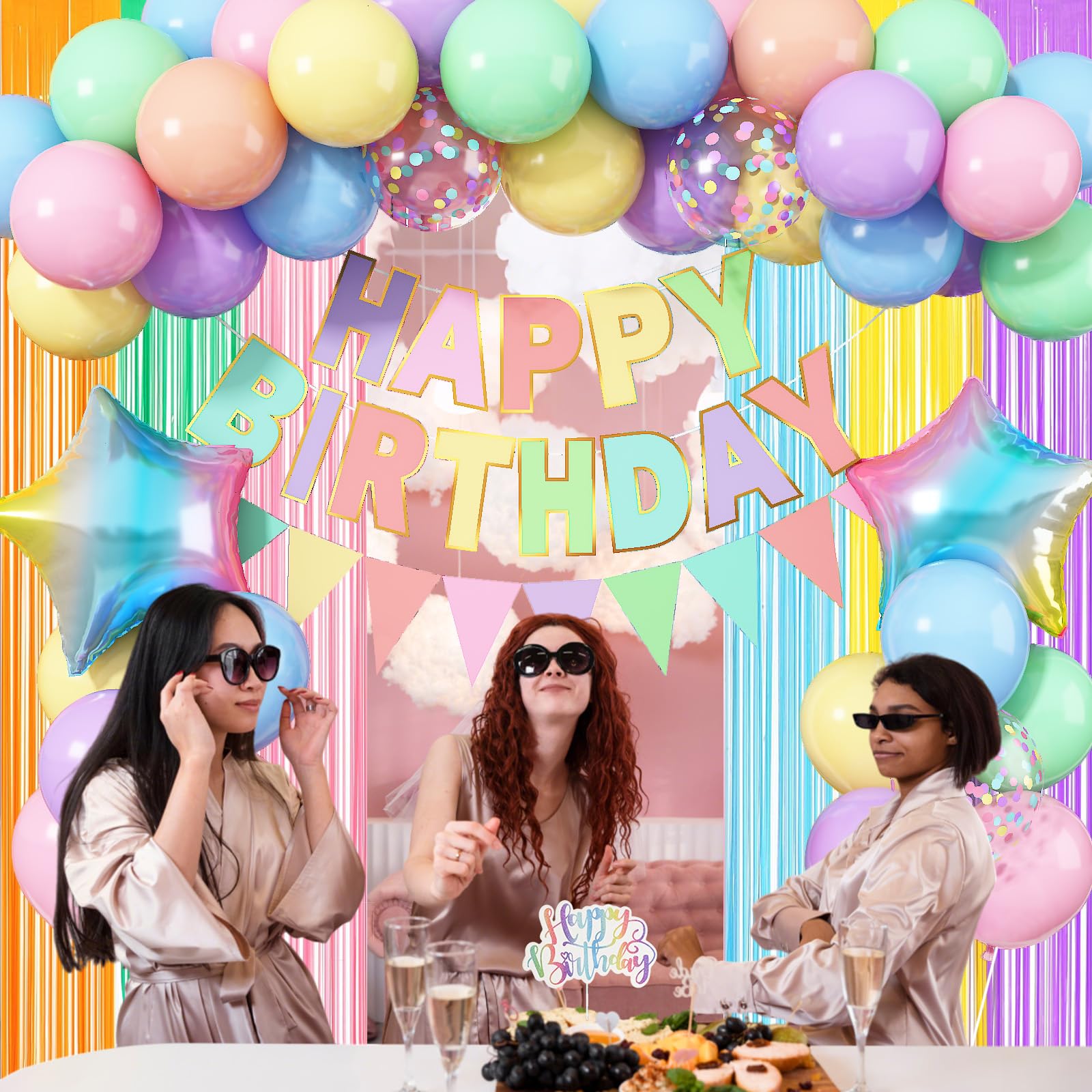 Jobkoo Pastel Birthday Decorations Kit – Macaron Rainbow Balloons, Fringe Curtain Backdrop & Banner