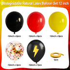 Jobkoo 12in Red Yellow Black Balloons with Lightning Print & Confetti — Biodegradable Latex