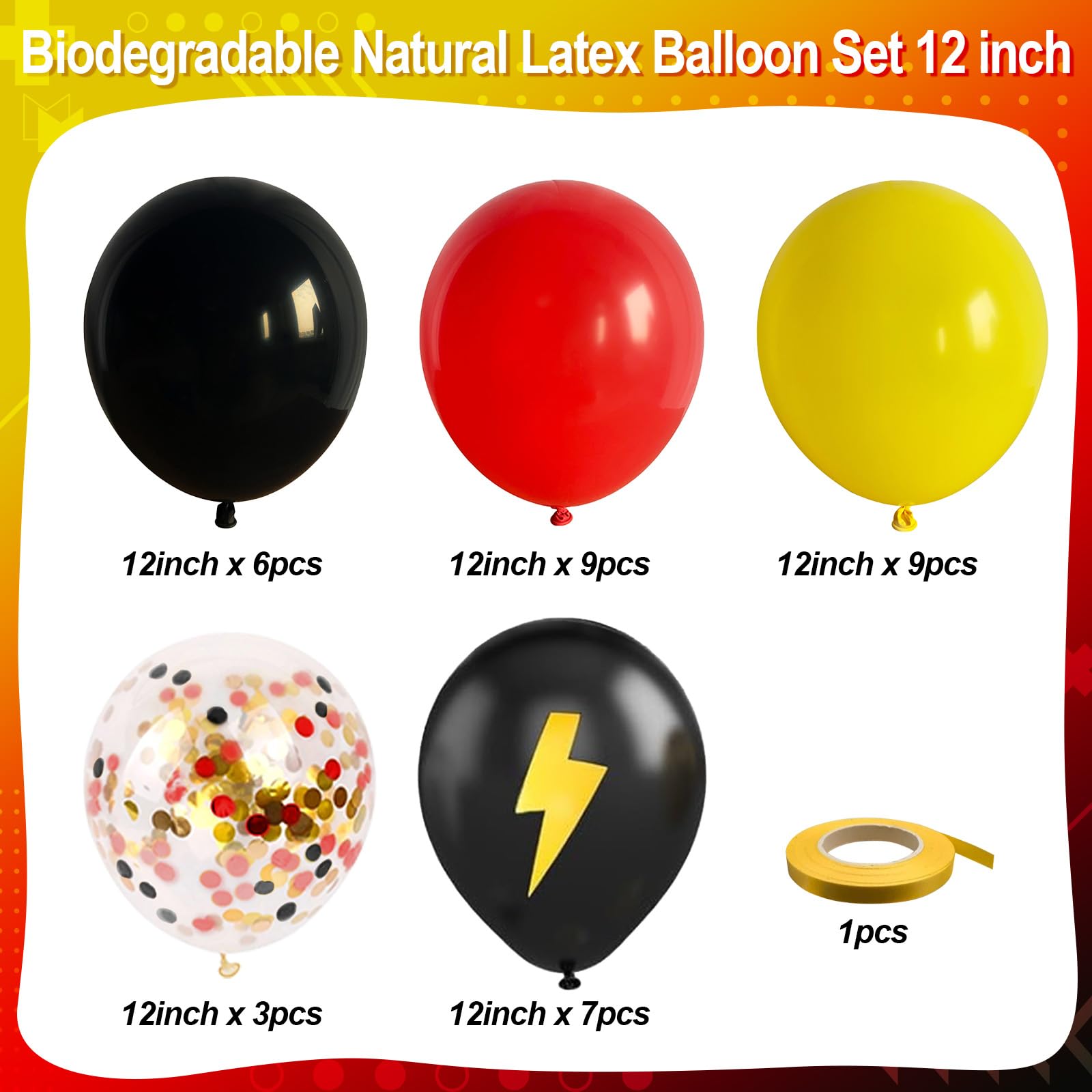 Jobkoo 12in Red Yellow Black Balloons with Lightning Print & Confetti — Biodegradable Latex