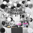 Jobkoo Black & Silver Birthday Decorations Set – Banner, Fringe Curtain, Balloons