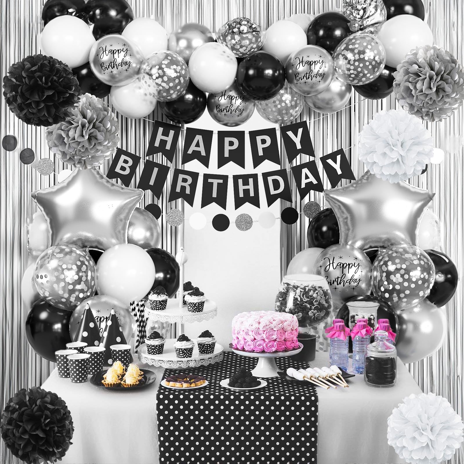 Jobkoo Black & Silver Birthday Decorations Set – Banner, Fringe Curtain, Balloons