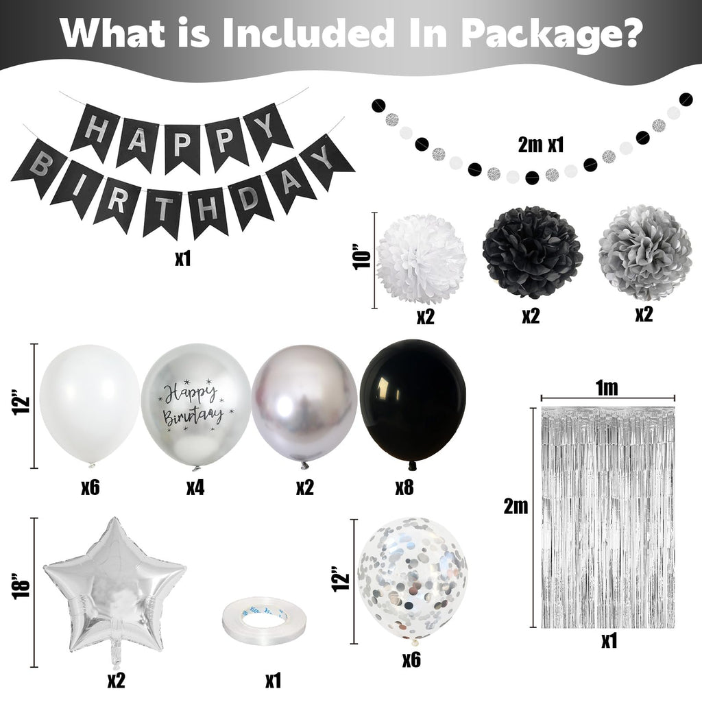 Jobkoo Black & Silver Birthday Decorations Set – Banner, Fringe Curtain, Balloons
