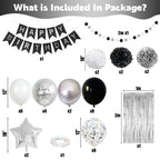Jobkoo Black & Silver Birthday Decorations Set – Banner, Fringe Curtain, Balloons