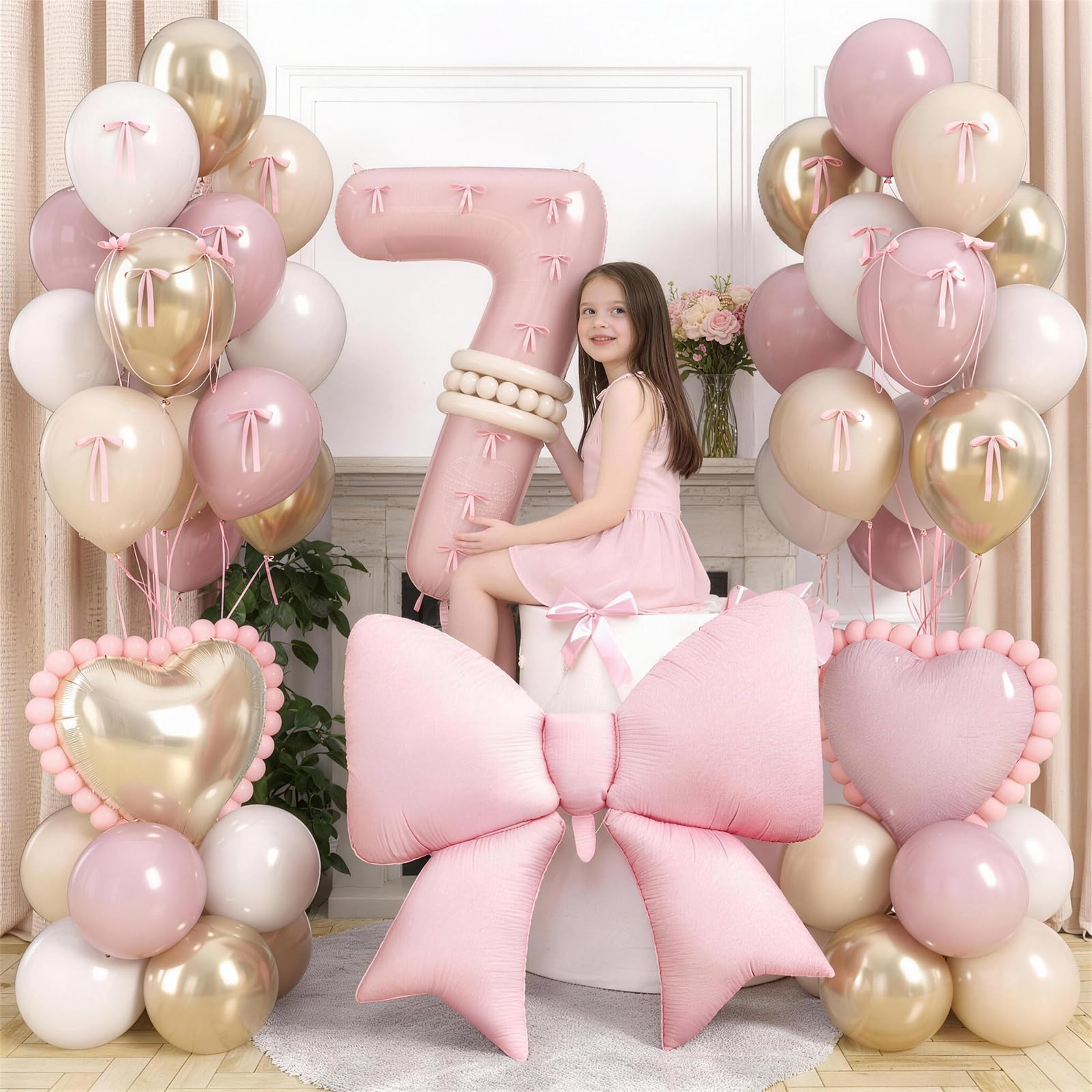 Jobkoo Number 7 Balloon Set – Pink Blush, Gold Beige & White 40" Latex & Foil Balloons for Boho 7th Birthday