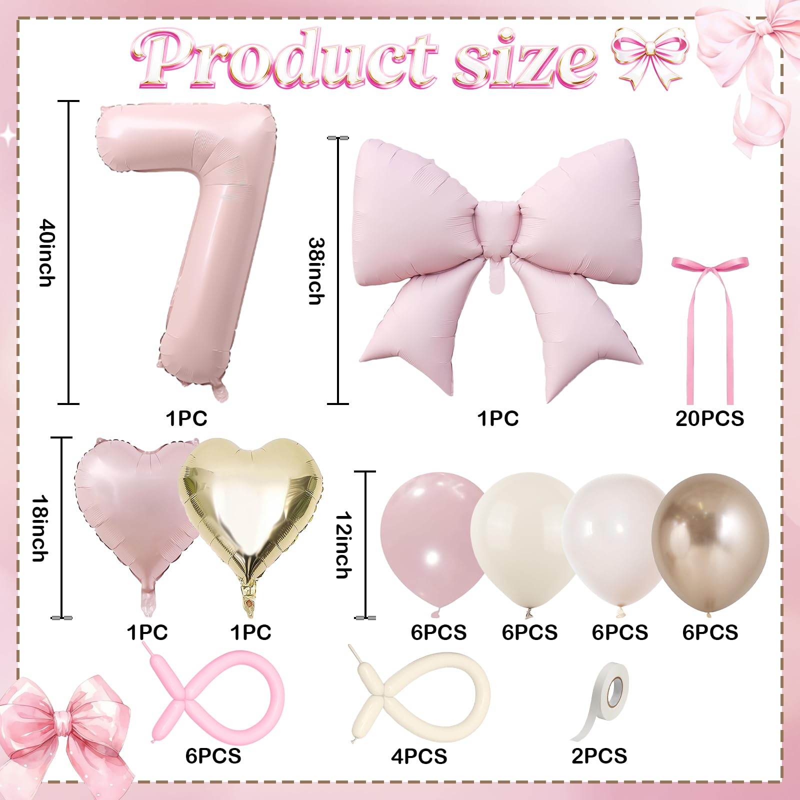 Jobkoo Number 7 Balloon Set – Pink Blush, Gold Beige & White 40" Latex & Foil Balloons for Boho 7th Birthday