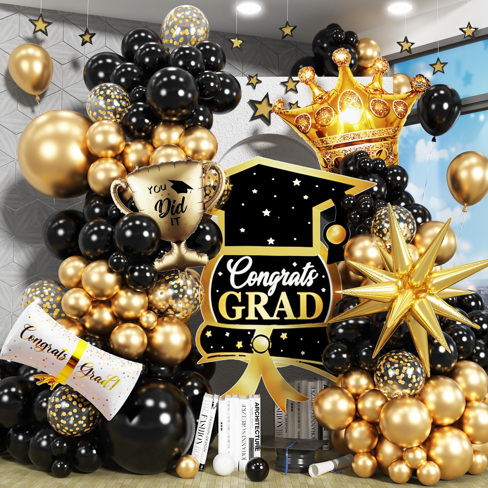 Jobkoo Graduation Decorations Class of 2025 Black & Gold Balloons Arch Kit – 120 Pcs