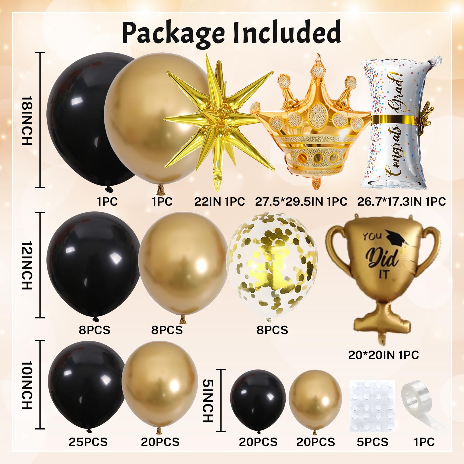 Jobkoo Graduation Decorations Class of 2025 Black & Gold Balloons Arch Kit – 120 Pcs