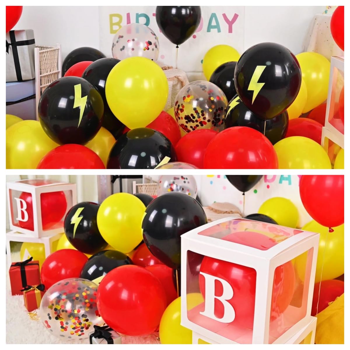 Jobkoo 12in Red Yellow Black Balloons with Lightning Print & Confetti — Biodegradable Latex