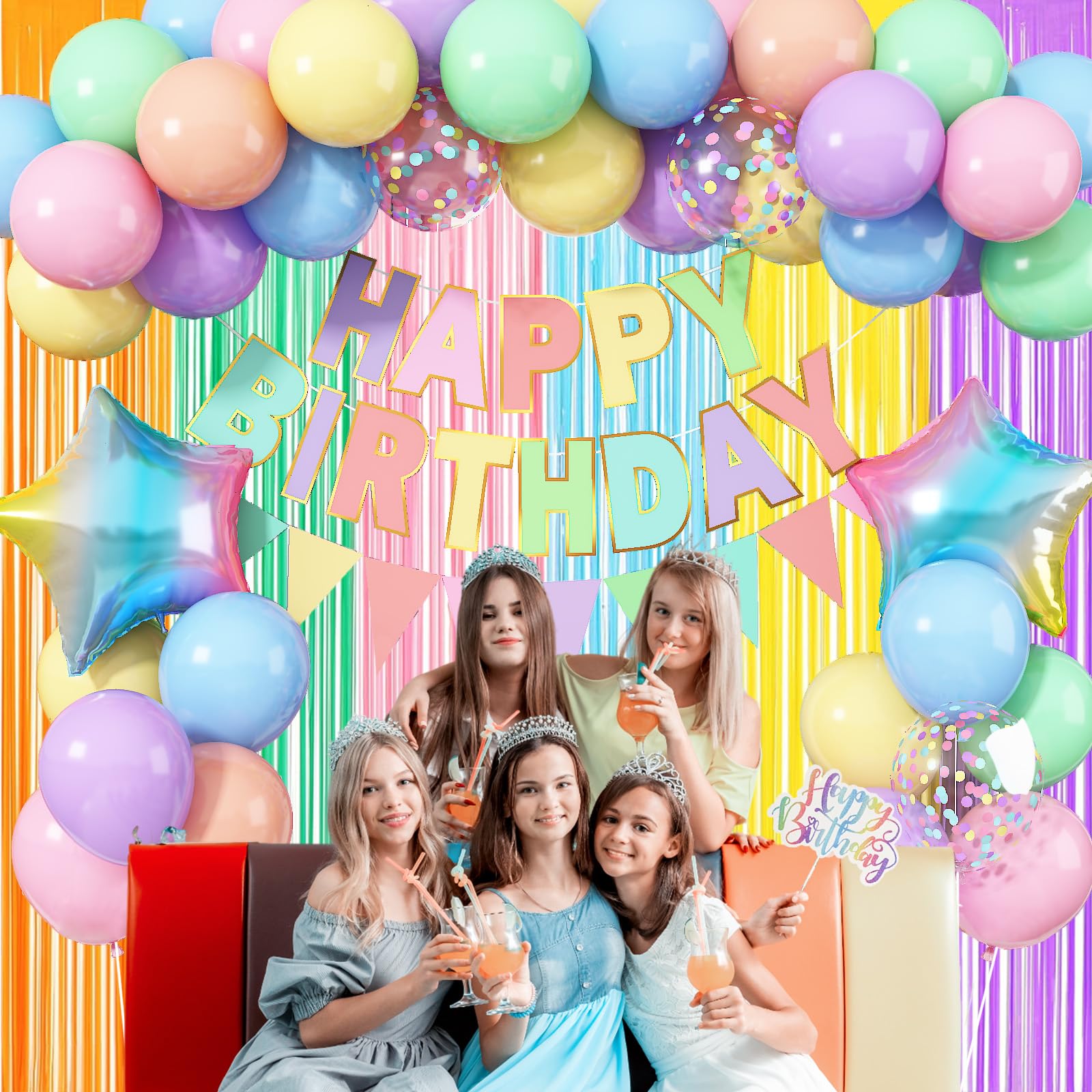Jobkoo Pastel Birthday Decorations Kit – Macaron Rainbow Balloons, Fringe Curtain Backdrop & Banner