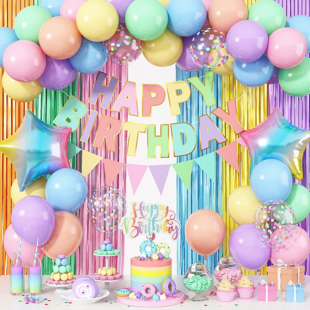 Jobkoo Pastel Birthday Decorations Kit – Macaron Rainbow Balloons, Fringe Curtain Backdrop & Banner