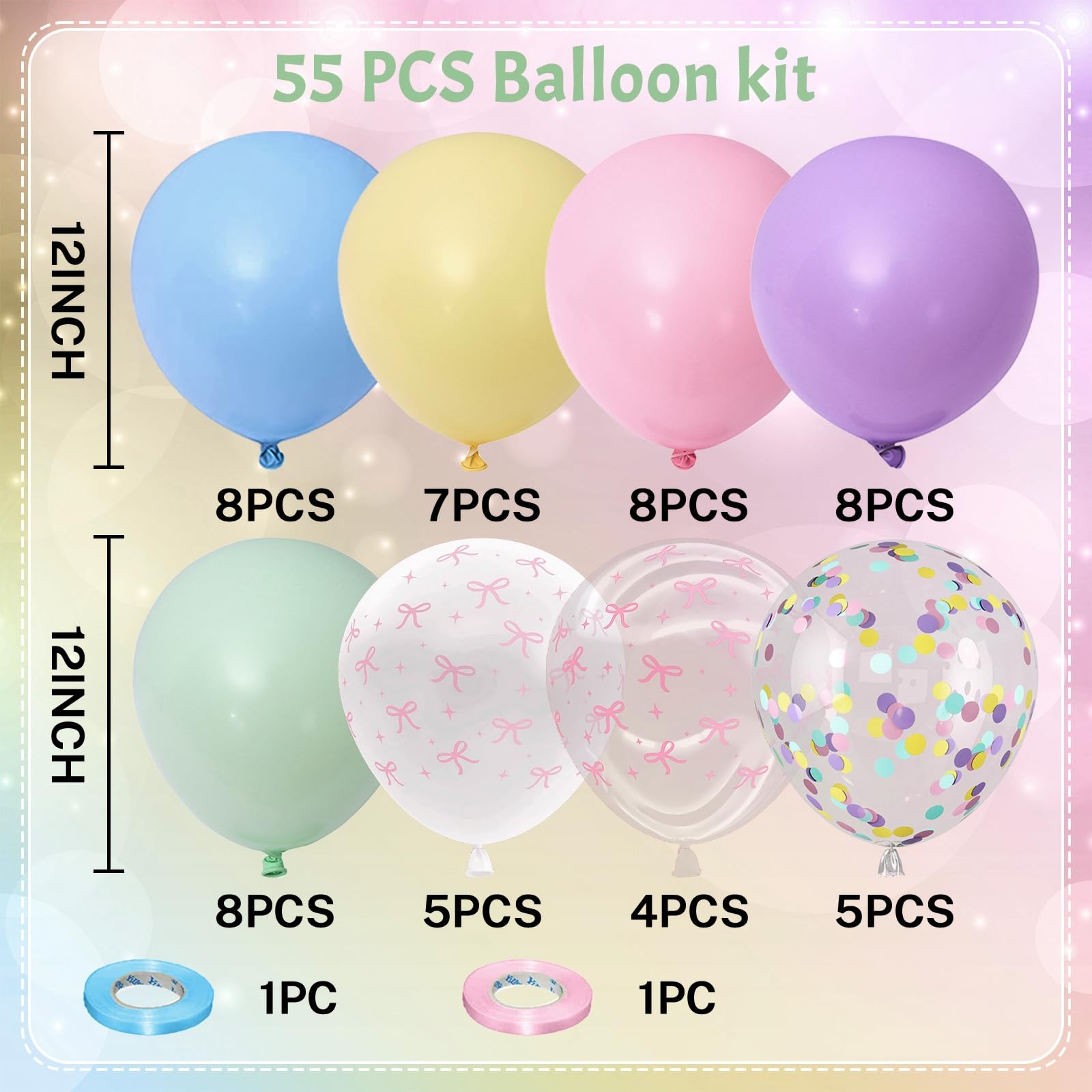 Jobkoo Pastel Bow Balloons – 55 Pcs Macaron Rainbow Set, 12in Party Decor