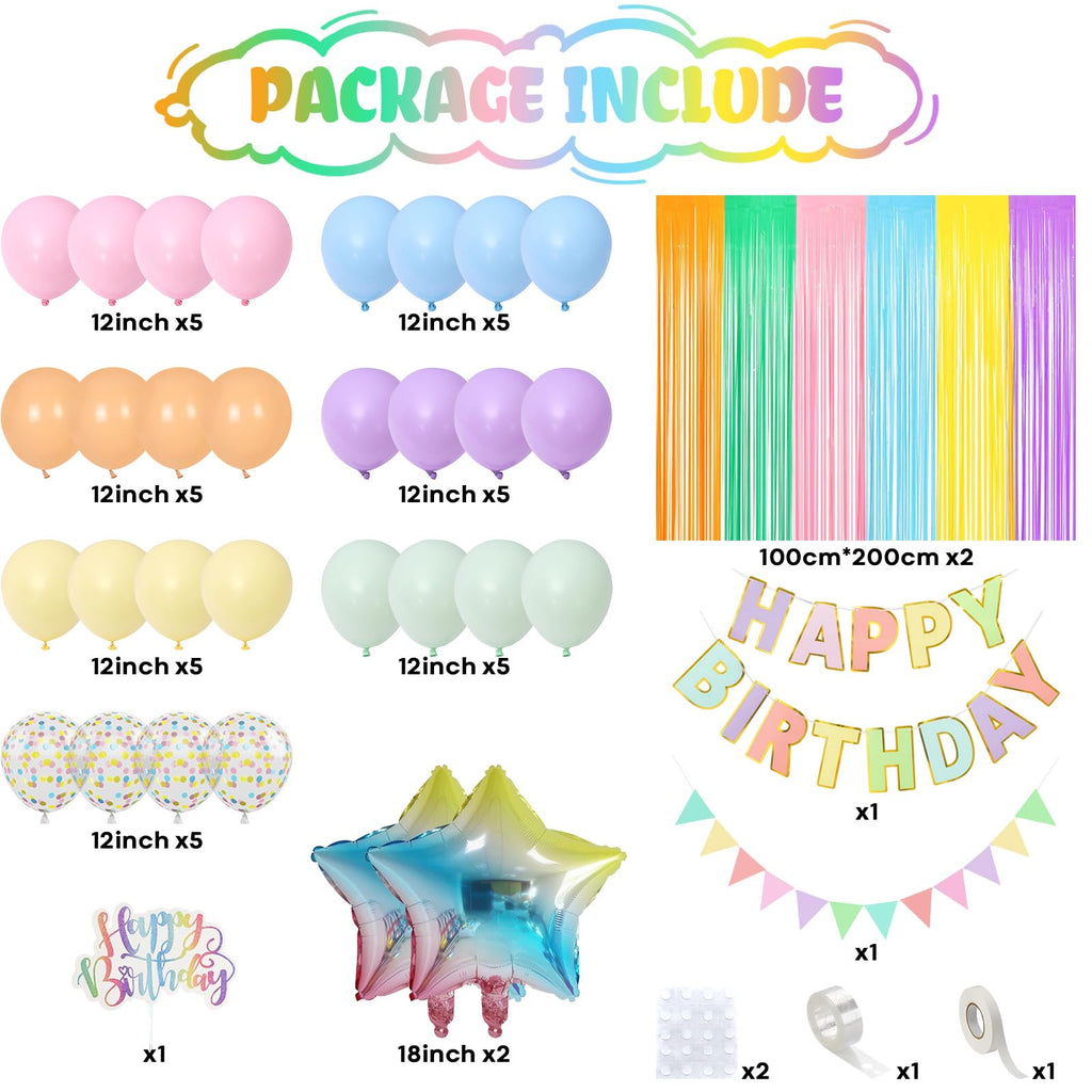 Jobkoo Pastel Birthday Decorations Kit – Macaron Rainbow Balloons, Fringe Curtain Backdrop & Banner