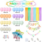 Jobkoo Pastel Birthday Decorations Kit – Macaron Rainbow Balloons, Fringe Curtain Backdrop & Banner