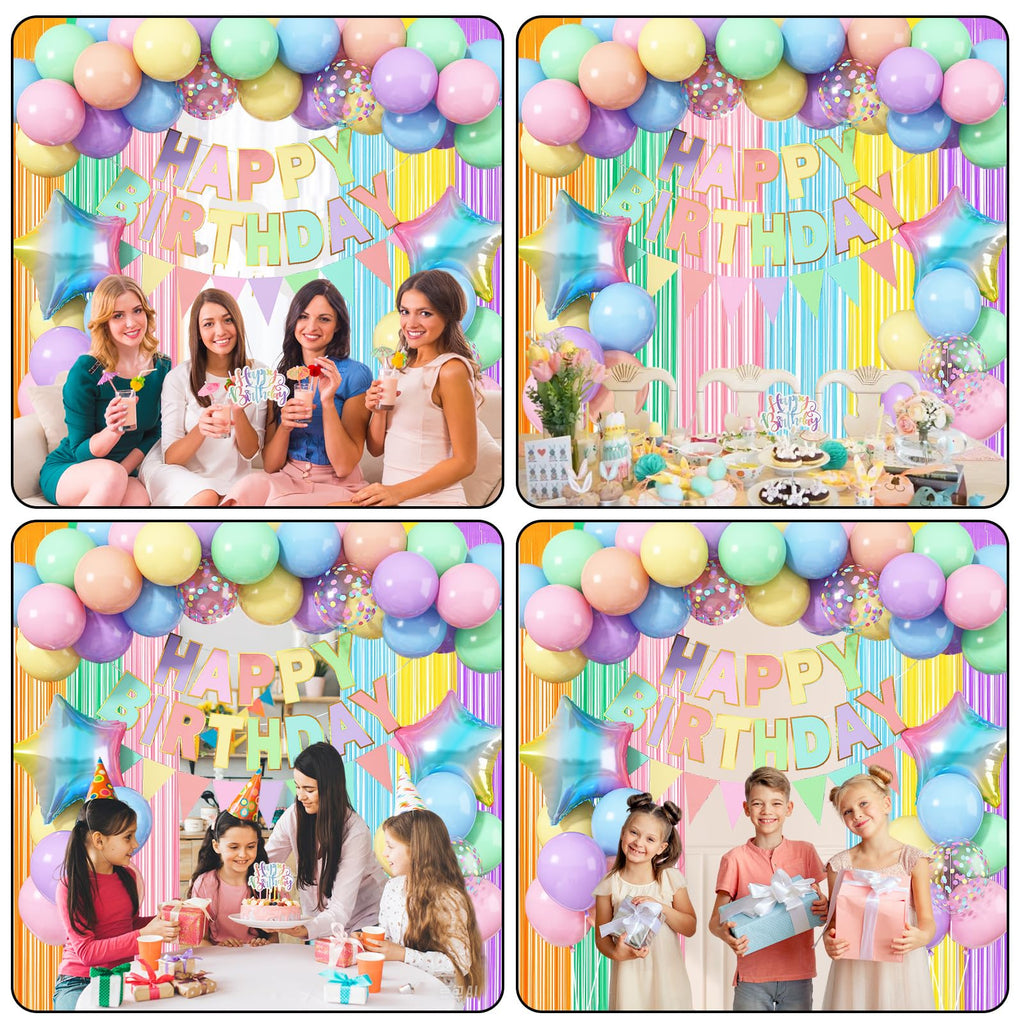 Jobkoo Pastel Birthday Decorations Kit – Macaron Rainbow Balloons, Fringe Curtain Backdrop & Banner