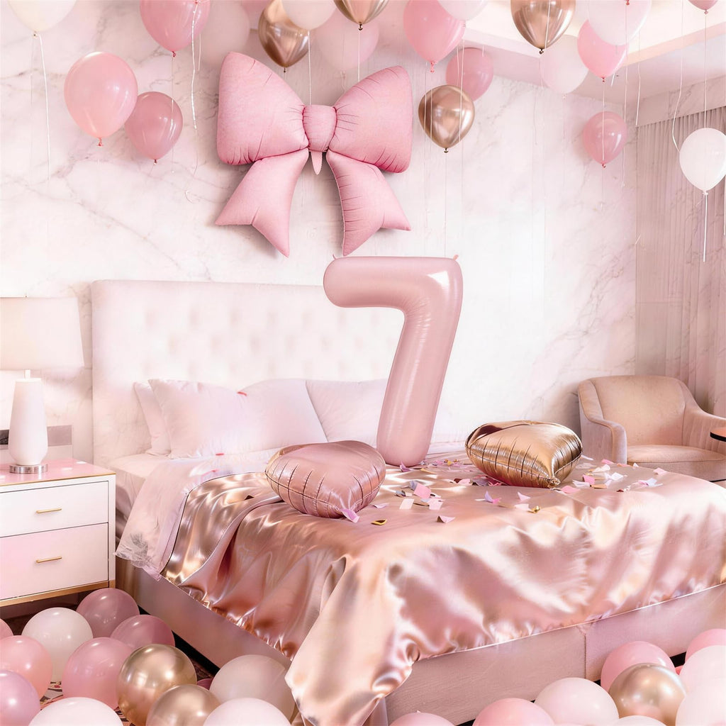 Jobkoo Number 7 Balloon Set – Pink Blush, Gold Beige & White 40" Latex & Foil Balloons for Boho 7th Birthday