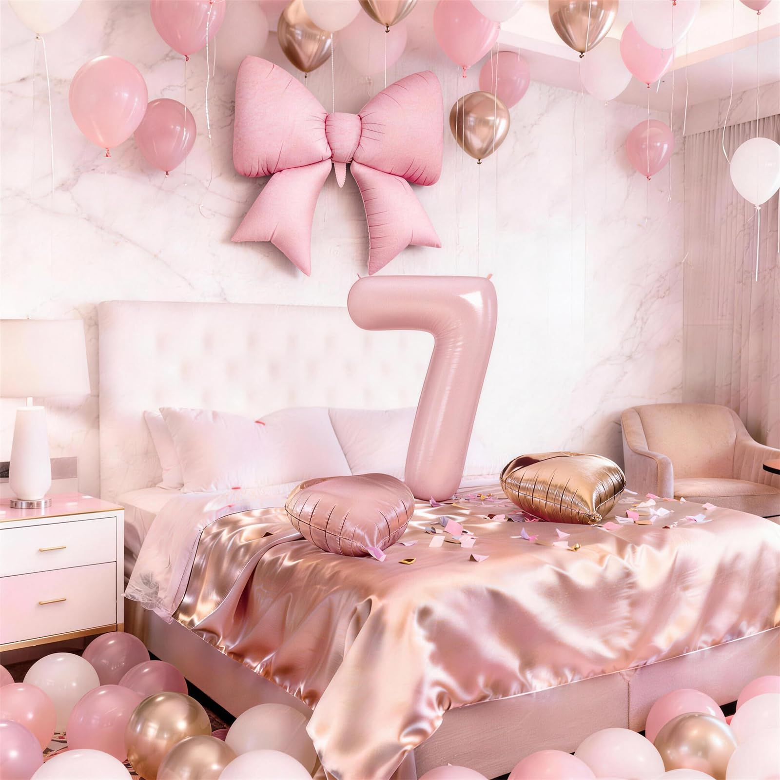Jobkoo Number 7 Balloon Set – Pink Blush, Gold Beige & White 40" Latex & Foil Balloons for Boho 7th Birthday