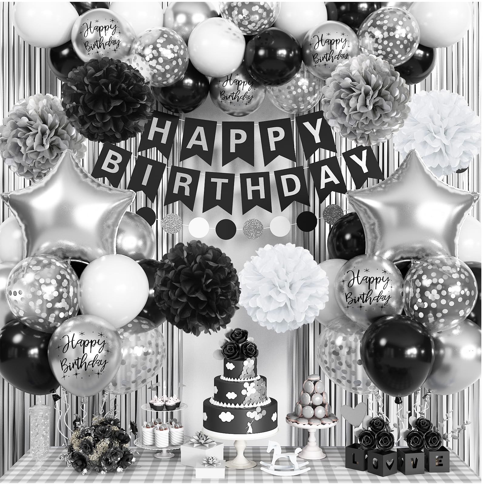 Jobkoo Black & Silver Birthday Decorations Set – Banner, Fringe Curtain, Balloons
