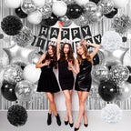 Jobkoo Black & Silver Birthday Decorations Set – Banner, Fringe Curtain, Balloons