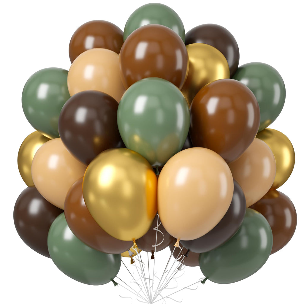 Jobkoo 60 Pcs Woodland Camo Latex Balloons – Sage Green, Gold & Brown