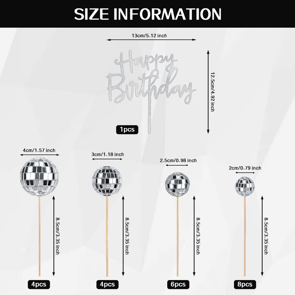 JOERSH 23pcs Disco Ball Cupcake Toppers – 70s Disco Theme Cake Picks & Happy Birthday Topper