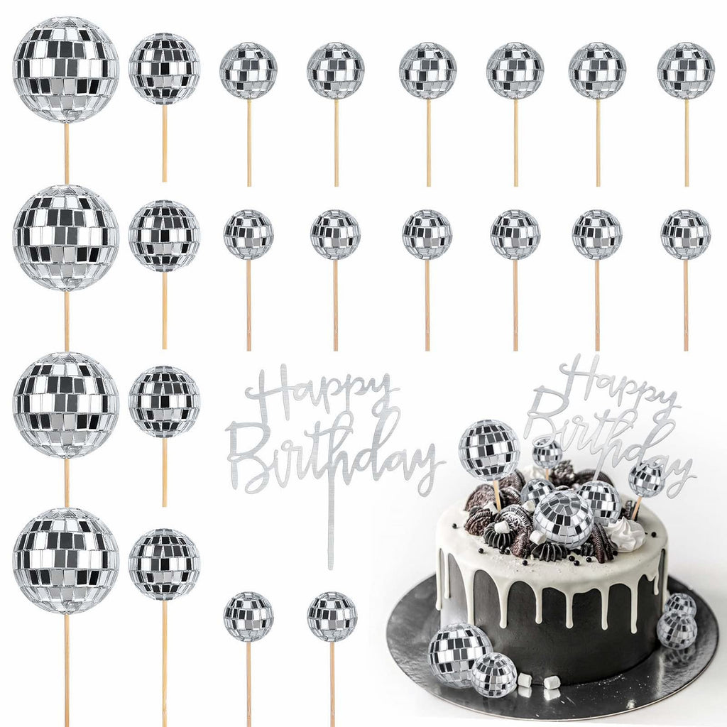 JOERSH 23pcs Disco Ball Cupcake Toppers – 70s Disco Theme Cake Picks & Happy Birthday Topper