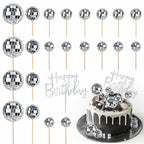 JOERSH 23pcs Disco Ball Cupcake Toppers – 70s Disco Theme Cake Picks & Happy Birthday Topper