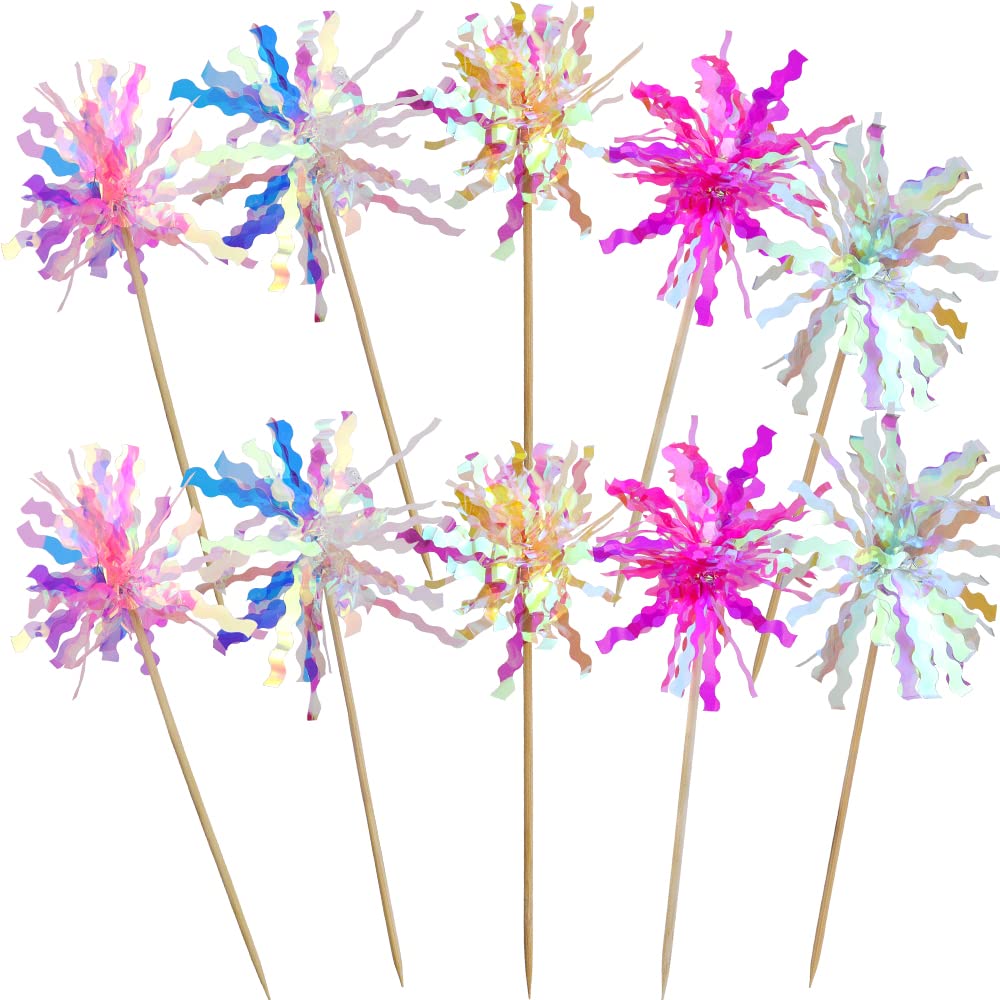 JOGILBOY 10 Pcs Happy Birthday Cake Toppers – Foil Firework Cupcake Picks & Party Decor