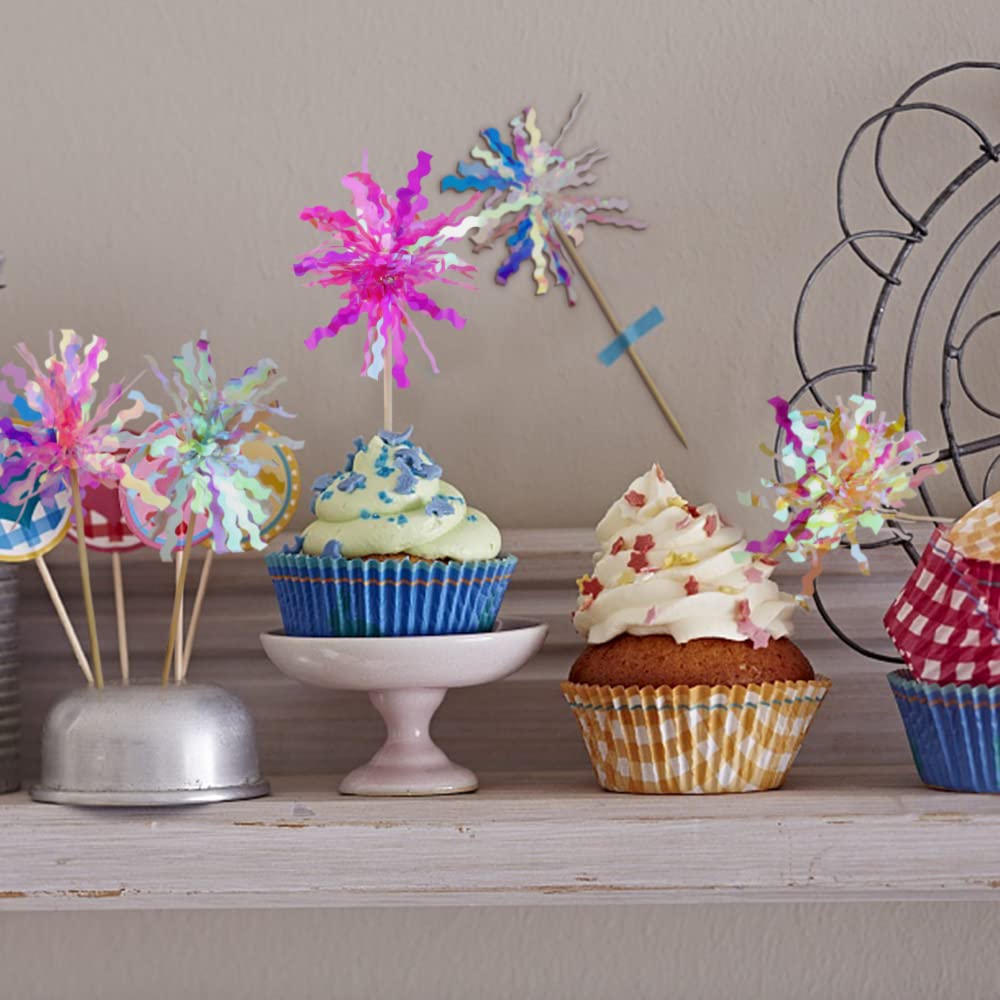 JOGILBOY 10 Pcs Happy Birthday Cake Toppers – Foil Firework Cupcake Picks & Party Decor