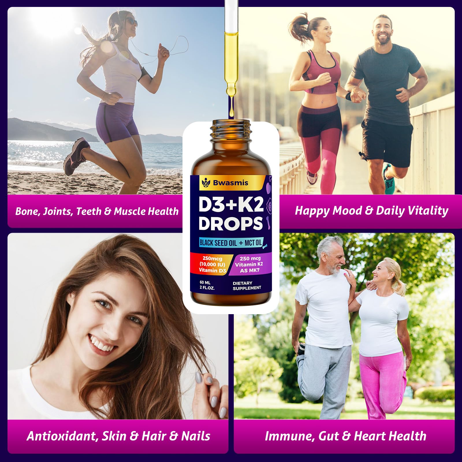 Vitamin D3 K2 Tropfen 10000IE mit Bio-Schwarzkümmelöl – 6-in-1 Flüssigkeit (59 ml)