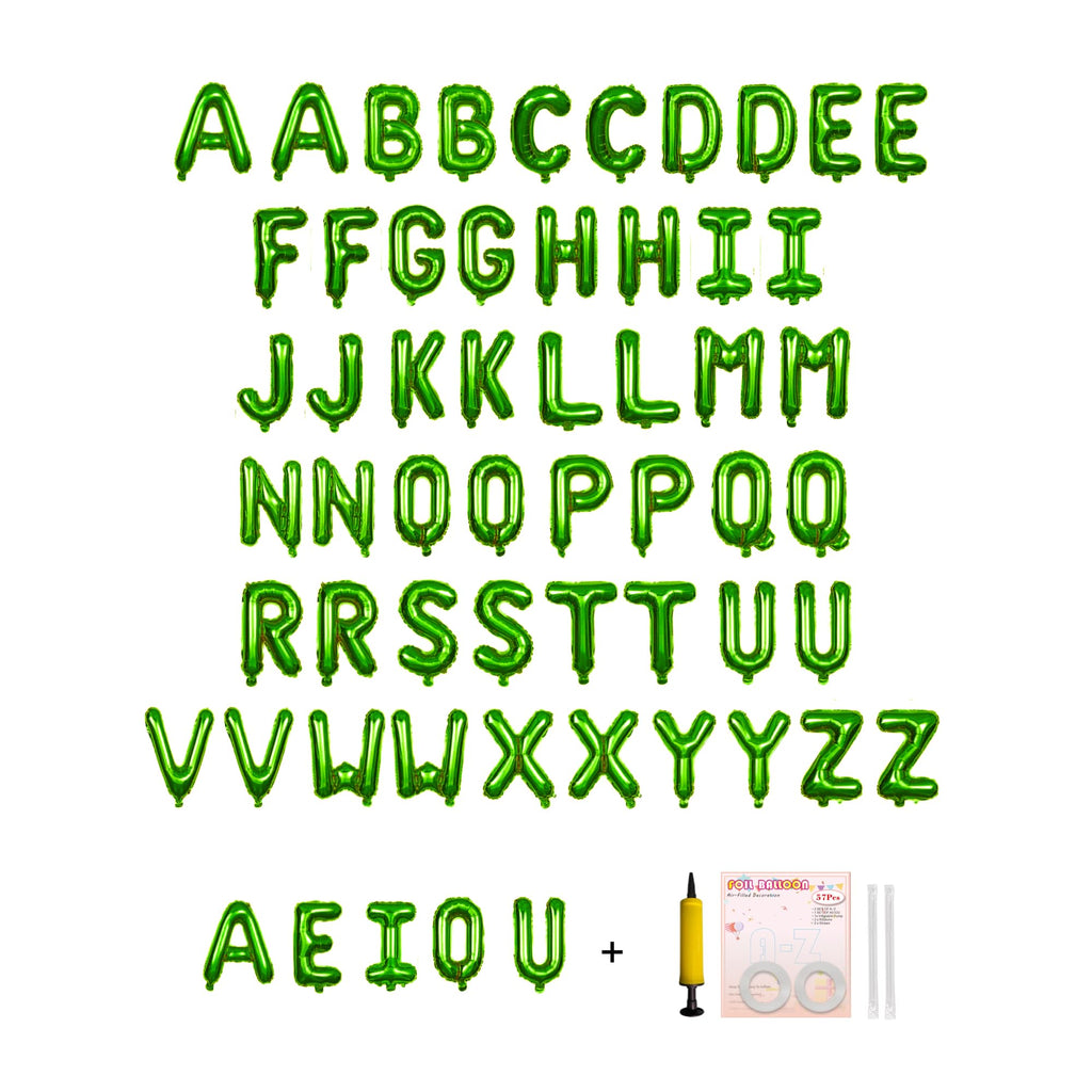 Jolixiraz 58 PCS Alphabet Balloons A-Z & AEIOU — 16-Inch Green Mylar Foil Set for Weddings, Birthdays, and Events