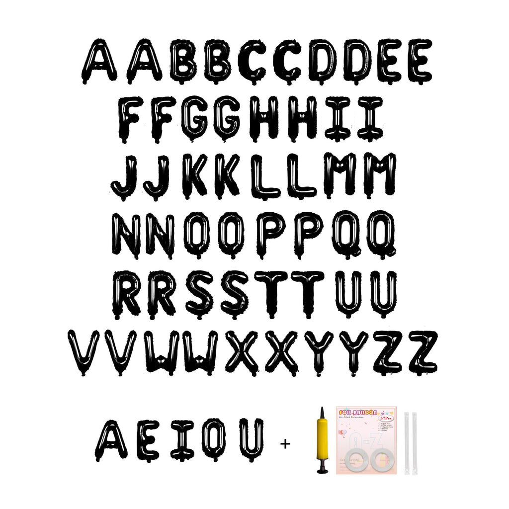 Jolixiraz 58-Pcs Letter Balloons Set — 16-Inch Black Mylar A-Z & AEIOU for Weddings, Birthdays, and More