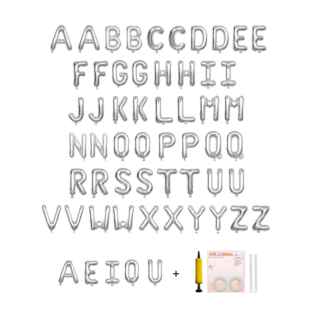 Jolixiraz 58 Pcs Alphabet Balloons A-Z & AEIOU, 16-Inch Silver Mylar Set for Weddings & Birthdays