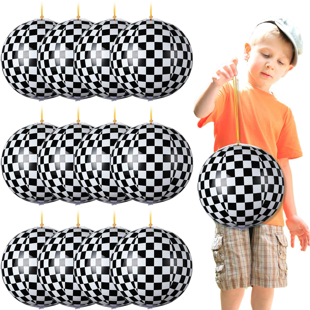 JolliLudo 12 Pcs Punching Balloons – Black & White Checkered PVC Balloons for Kids, Party Favors & Prizes