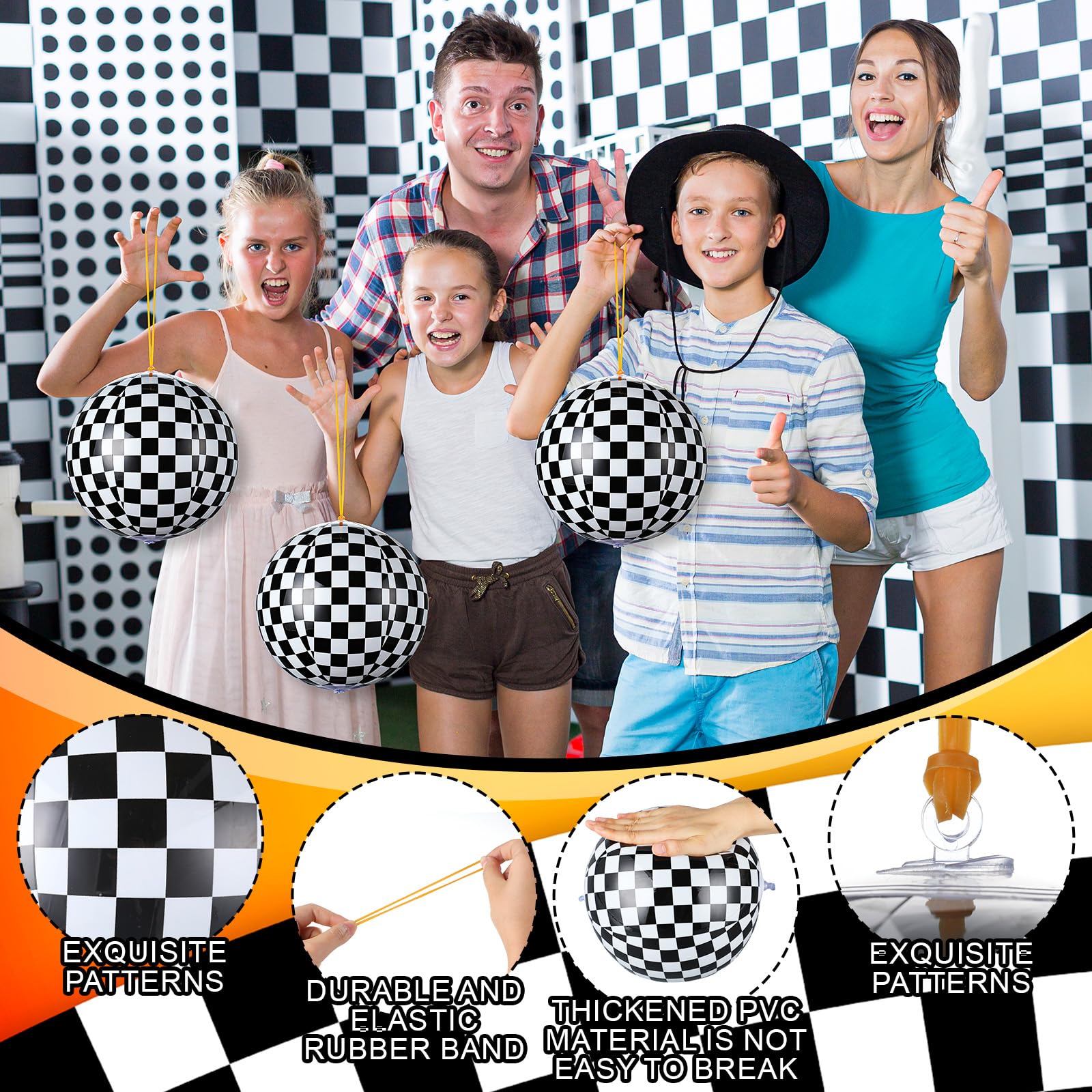 JolliLudo 12 Pcs Punching Balloons – Black & White Checkered PVC Balloons for Kids, Party Favors & Prizes