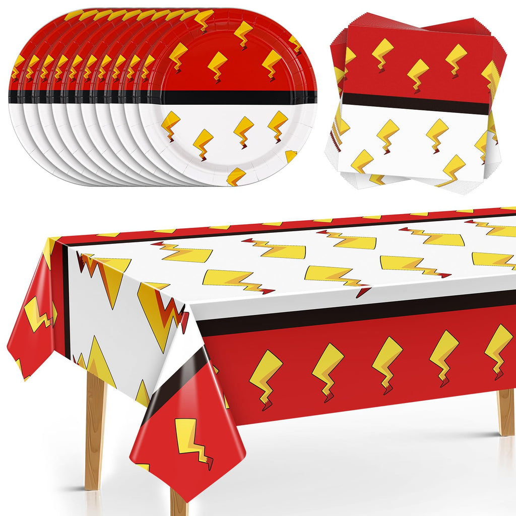 Joottuan 49 Pcs Cartoon Birthday Party Supplies – Red & White Plates, Napkins & Tablecloth
