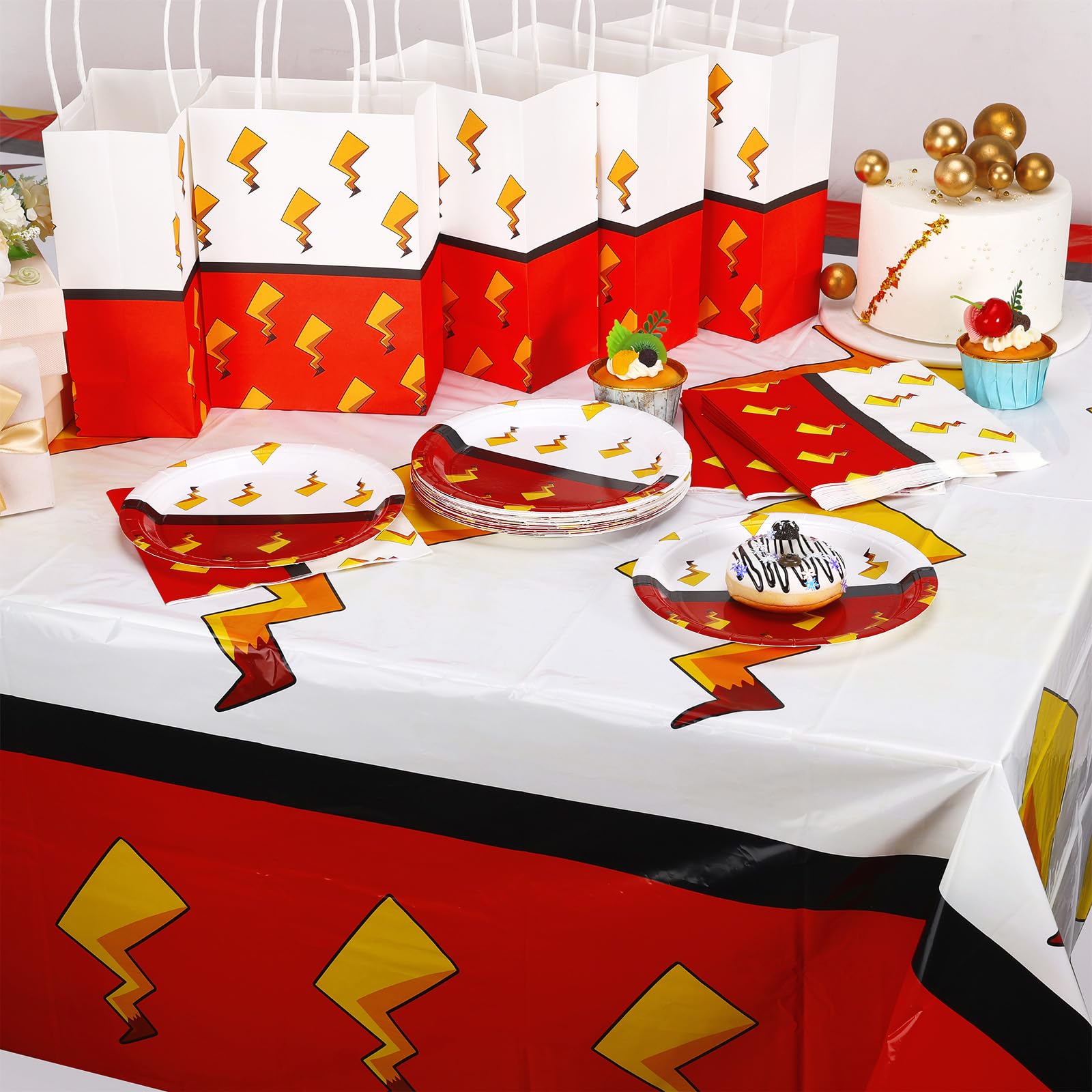 Joottuan 49 Pcs Cartoon Birthday Party Supplies – Red & White Plates, Napkins & Tablecloth
